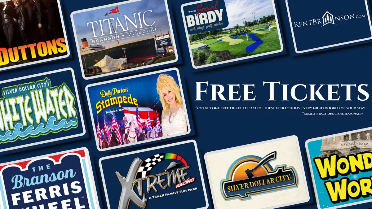 This interior image showcases various attraction cards under the title 'Free Tickets', implying access to an array of entertainment options. The cards visually reference local family entertainment, cultural shows, and thrilling activities, framing the home as a gateway to Branson’s best experiences.